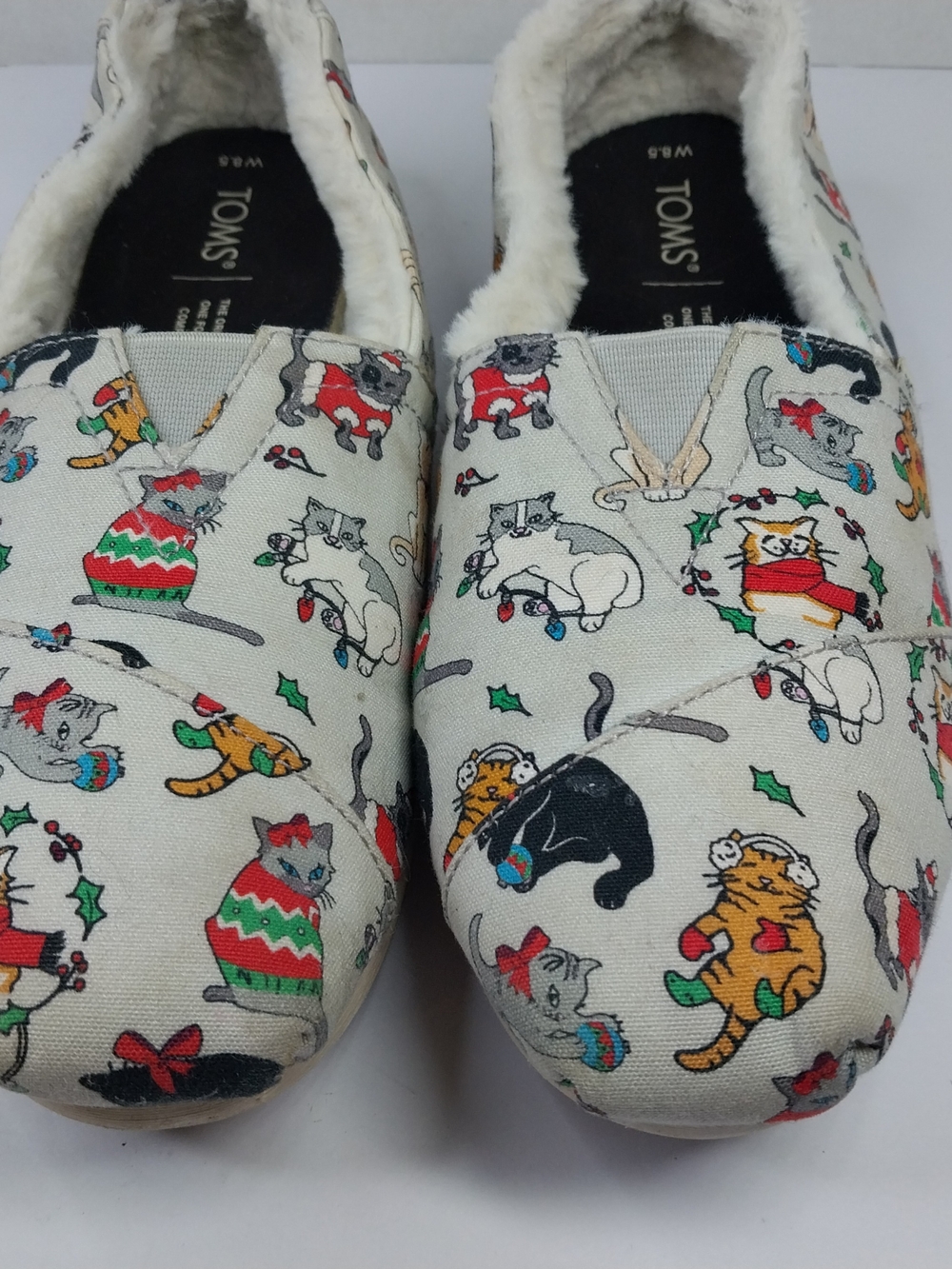 Toms Christmas Holiday Cats Belmont Shoes Gray Flats Women’s Size 8.5 Kitty Cat - Picture 2 of 10